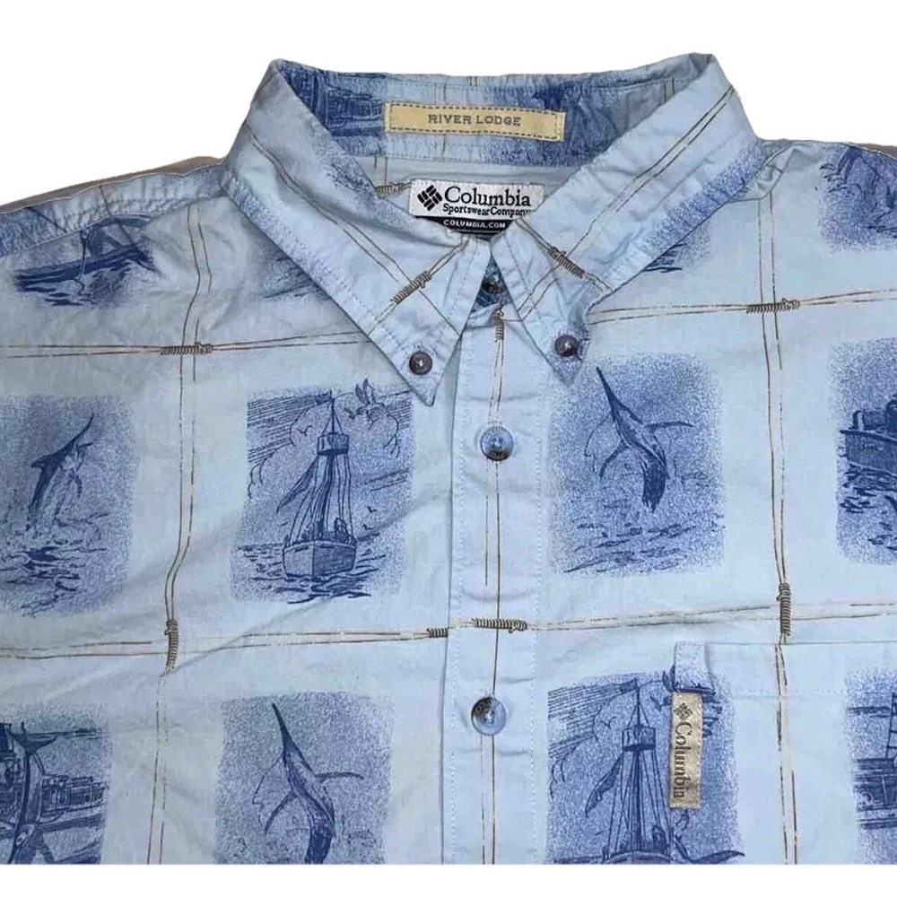 Mens Columbia River Lodge Button Front Shirt Print Marlin Fishing Boats Sz XL